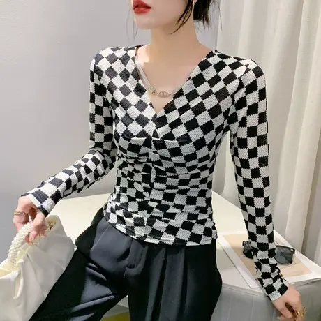 千鸟格拼色T恤女长袖初秋2023新款性感V领网纱上衣内搭收腰打底衫商品大图