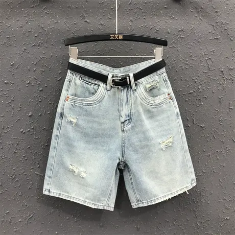 时尚百搭直筒阔腿裤欧货女2023夏季新款显瘦高腰韩版破洞牛仔短裤图片