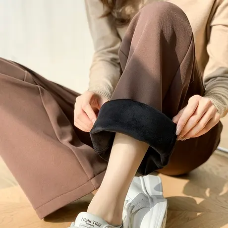 加绒西装阔腿裤子女2021年冬季新款高腰宽松显瘦加厚休闲直筒长裤商品大图