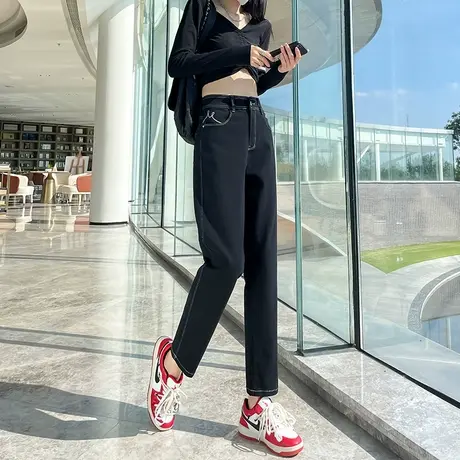 黑色小直筒牛仔裤女2023年春秋新款高腰宽松显瘦明线哈伦萝卜裤潮图片