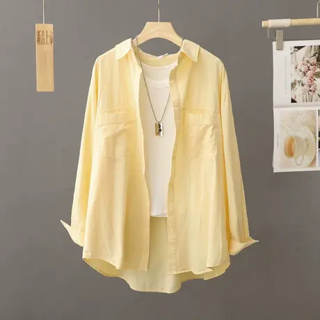 韩版纯色双口袋上衣长袖衬衫女秋季2023年新品中长款外搭衬衣开衫图片