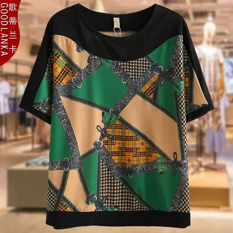 40-50岁中年妈妈夏装休闲上衣大码宽松时尚拼接撞色印花短袖T恤女图片