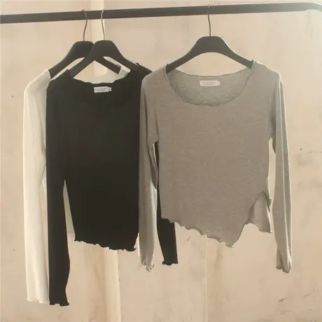 长袖t恤女2021秋装新款木耳边开叉修身圆领短款设计感打底衫上衣商品大图