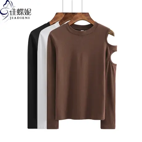 春秋季新款圆领修身显瘦露肩镂空纯棉纯色长袖T恤百搭女装上衣体商品大图