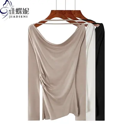 秋季新款韩版一字领修身纯白纯色褶皱小开叉长袖体恤上衣内搭女装商品大图