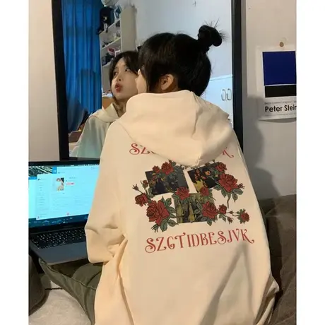 潮牌美式hiphop连帽卫衣女秋冬加绒加厚oversize宽松慵懒风外套图片
