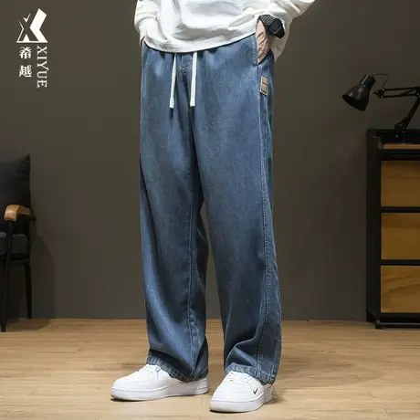 希越天丝莱赛尔贴标垂感牛仔裤男2023秋季宽松大码拼接水洗直筒裤商品大图