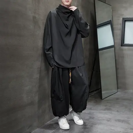 暗黑系长袖套装男新中式不规则领堆堆领t桖山本耀司搭配衣服一套图片
