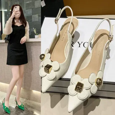 新款花朵小众设计感浅口中跟凉鞋女猫跟尖头高跟鞋细跟包头小码图片
