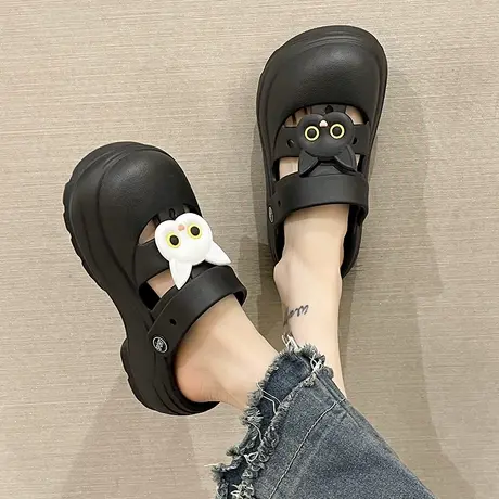 可爱黑白猫洞洞鞋女2023新款夏季外穿防滑厚底包头增高两穿凉拖鞋商品大图