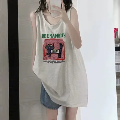 美式复古纯棉吊带运动坎肩背心无袖t恤女夏季外穿宽松篮球服上衣图片