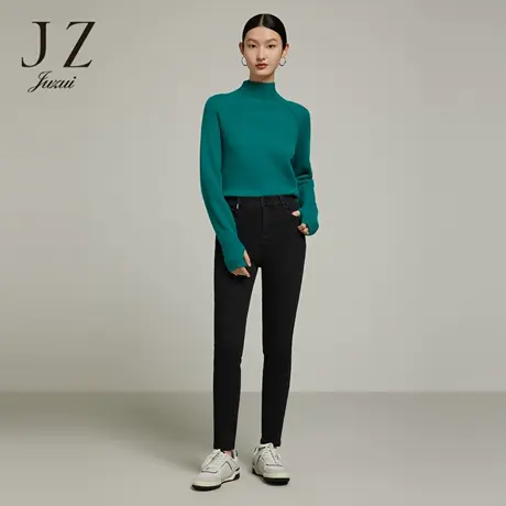 JZ玖姿修身显瘦中腰牛仔裤女装2022冬季新款时尚保暖加绒小脚裤厚图片