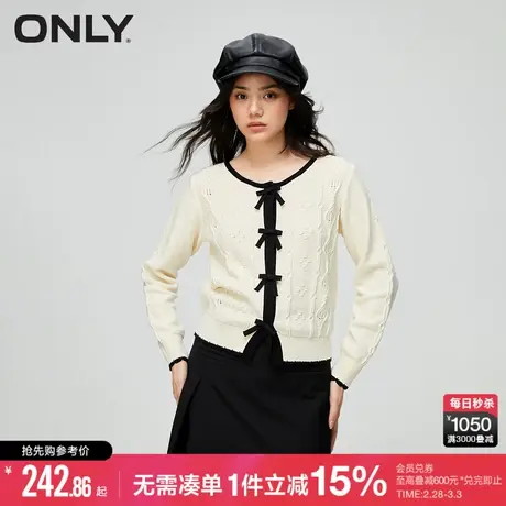 ONLY2024春季甜美百搭圆领蝴蝶结直筒显瘦短款针织衫女|12343A004商品大图