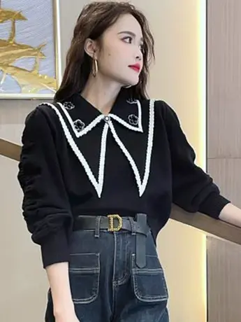 韩系复古双层娃娃领黑色毛衣女秋冬季欧货高级感泡泡袖小众针织衫商品大图