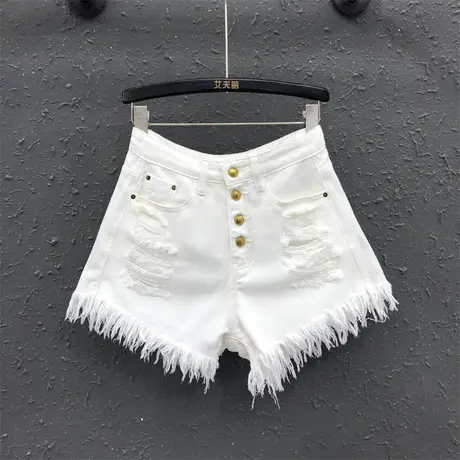 个性时尚排扣牛仔短裤女2023秋季新款破洞毛须边高腰显瘦阔腿裤潮图片