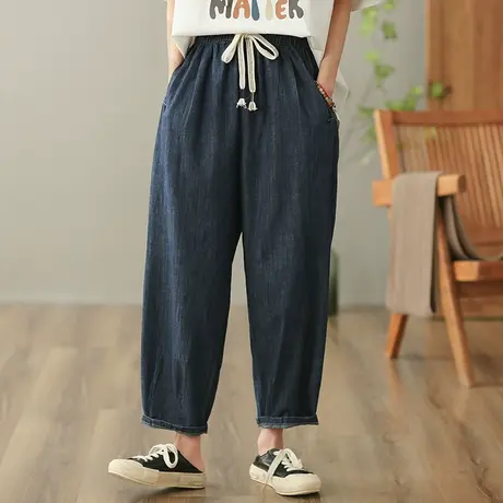 dza 高腰显瘦纯棉牛仔裤女2023夏季九分直筒阔腿裤宽松百搭哈伦裤图片