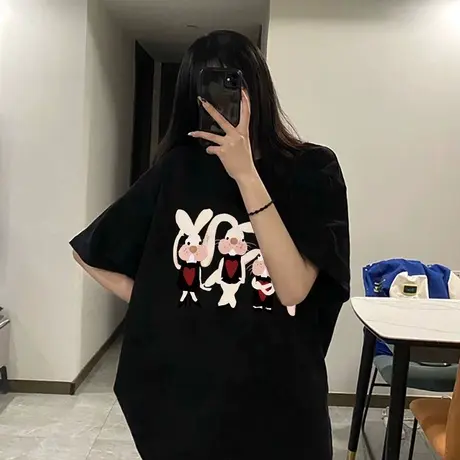 短袖女宽松韩版oversize大码纯棉t恤ins潮夏季正肩慵懒风黑色上衣商品大图