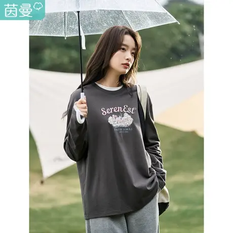 茵曼2023女生春秋新款时尚复古立体绣花圆领长袖宽松显瘦T恤上衣图片