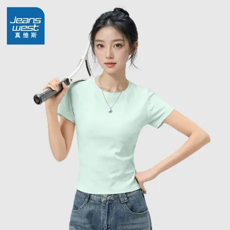 NOB真维斯修身短袖t恤女款2025新款夏日正肩圆领内搭收腰半袖上衣商品大图