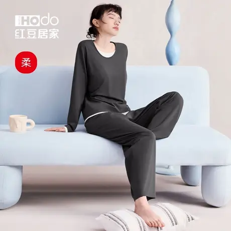 红豆带胸垫睡衣女春秋款长袖莫代尔套头可外穿宽松休闲家居服套装图片