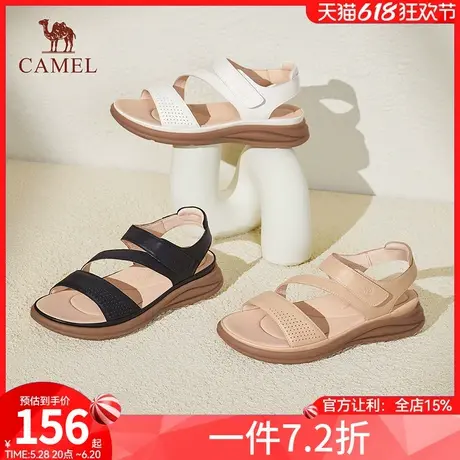 骆驼女鞋2025夏季新款真皮一字带魔术贴休闲厚底妈妈鞋罗马凉鞋女商品大图