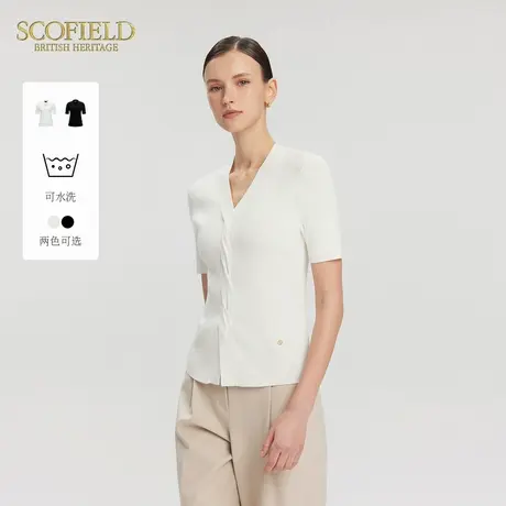 【可水洗】Scofield女装简约V领绞花针织短袖LOGO装饰2025夏新品商品大图