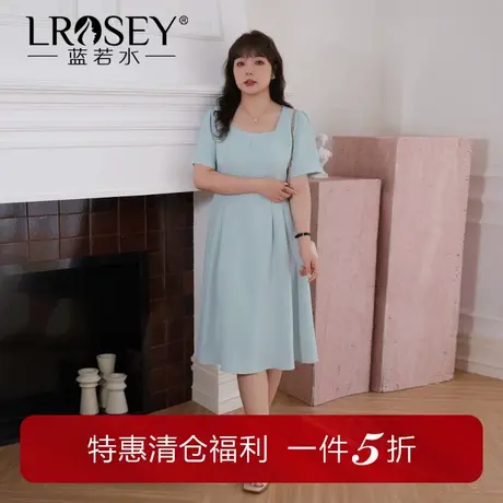 蓝若水大码女装气质方领短袖连衣裙胖MM夏装收腰显瘦雪纺长裙图片