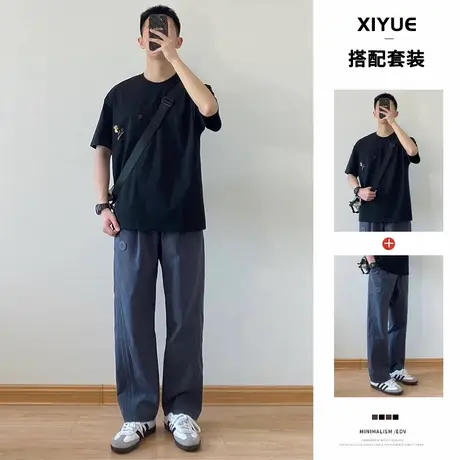 小红书爆款男士套装男2025夏季新款冰丝凉感短袖T恤直筒休闲裤子图片