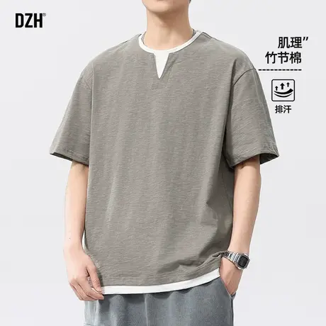 男士假两件竹节棉t恤男2025新款夏季半袖上衣卡其色短袖美式男款商品大图