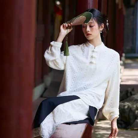 唐狮长袖衬衫女春秋新款新中式肌理感镂空衬衣国风气质上衣潮图片