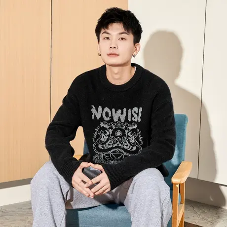 唐狮醒狮国潮毛衣男冬季新款男士圆领前胸大图案提花上衣宽松商品大图