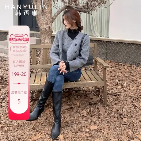 韩语琳短款灰色毛呢外套女秋冬季新款小个子双面呢子大衣服高级感商品大图