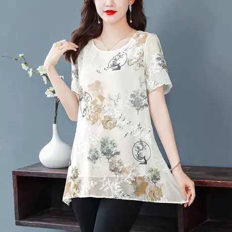 漂亮时尚遮肚子雪纺衫女短袖夏季2023新款碎花妈上衣大码胖mm显瘦图片