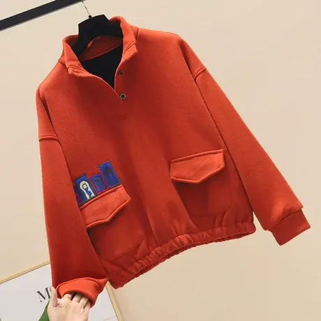 加绒加厚高领三粒扣卫衣女2023冬季新款宽松百搭韩版打底衫上衣女商品大图