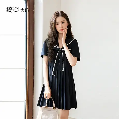 绮娑大码女装2025年夏装新款显瘦胖mm连衣裙收腰裙百褶连衣裙图片
