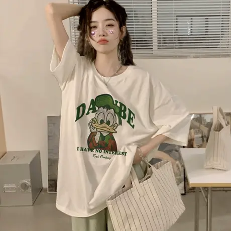 慵懒风t恤女hiphop潮牌大码短袖纯棉ins潮夏宽松正肩甜酷美式上衣商品大图