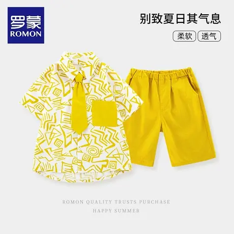 罗蒙黄色领带衬衫套装夏季短袖衬衫套装男童衣服休闲风童装宝宝潮商品大图
