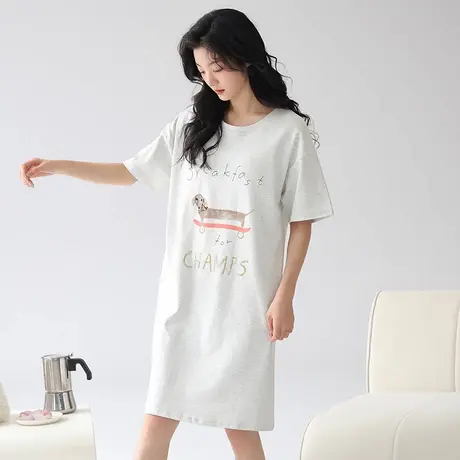 浪莎睡裙女夏季新款纯棉短袖睡衣女宽松大码休闲家居服套装商品大图