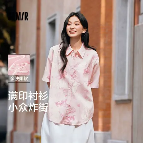 [商场同款]森马大力水手联名中袖衬衫女中长款夏2024新款满印衬衣图片