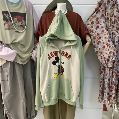 2023春秋装新款连帽领字母卡通图案拼色拉链卫衣女开衫外套上衣潮图片