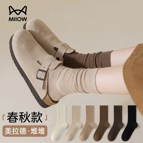 猫人袜子女纯棉夏天薄款咖色堆堆袜春秋款美拉德博肯鞋无骨中筒袜图片