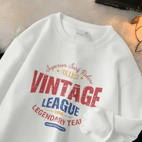 320g重磅白色卫衣男2023新款秋冬季加绒加厚圆领长袖t恤潮牌潮流商品大图