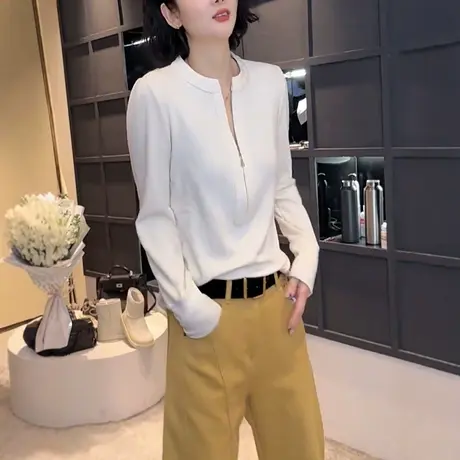 欧货高级感白色半拉链长袖女2025年秋季新款休闲百搭显瘦T恤上衣图片