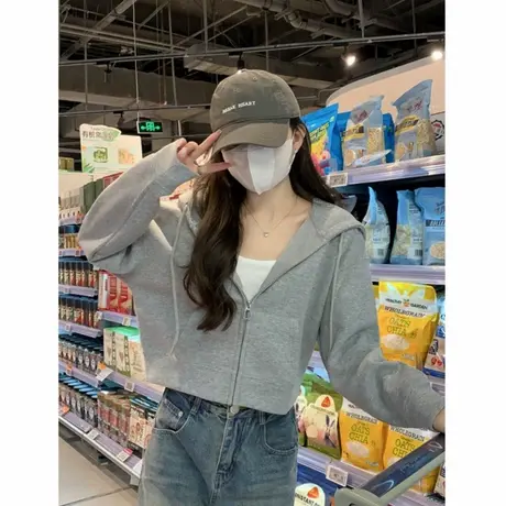 短款卫衣外套女开衫连帽拉链秋冬季加绒2025新款灰色爆款早秋上衣商品大图