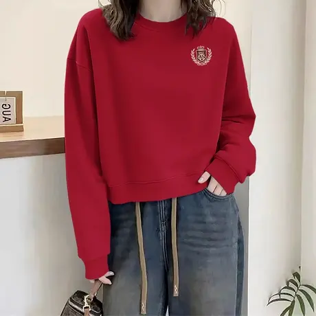 回力红色圆领卫衣女秋季薄款2025新款巨好看宽松短款无帽上衣外套图片