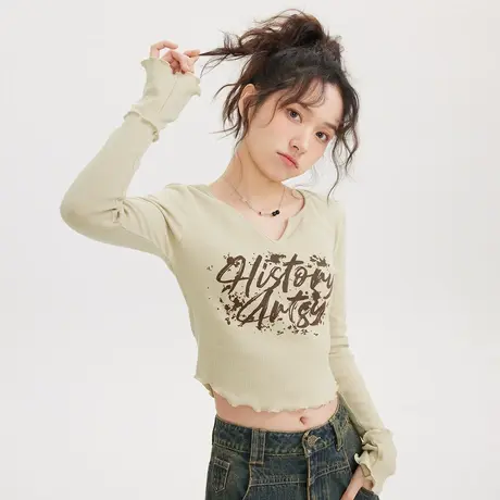 尔给2023春款木耳边v领打底衫正肩内搭长袖修身喇叭袖短款上衣女商品大图