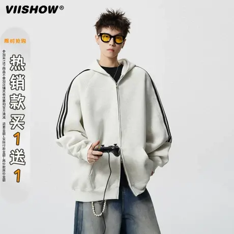 VIISHOW潮牌三条杠连帽卫衣男2025年秋款宽松插肩袖开衫拉链外套商品大图