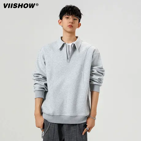 VIISHOW美式纯色新款翻领卫衣男2025年春秋宽松半拉链套头卫衣衫商品大图