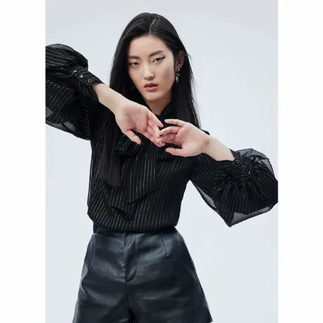 COCOON商场同款时尚真丝上衣2023夏新款女简约气质飘带领真丝上衣商品大图