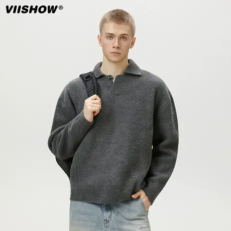 VIISHOW翻领POLO毛衣男秋2025新款老钱风加厚仿貂毛绒针织衫外套商品大图